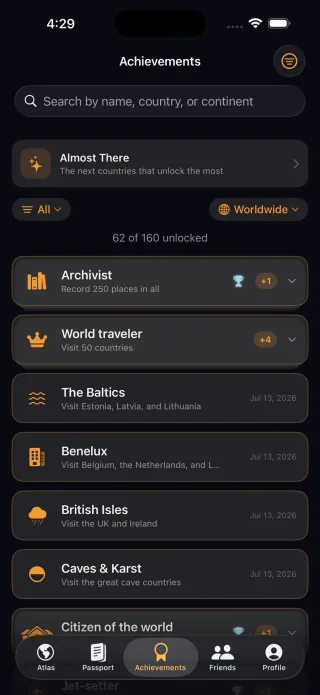 Mapsake Achievements showing searchable travel milestones and medal progress