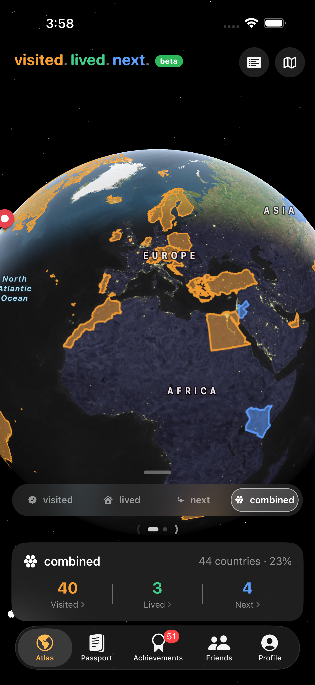 The live satellite globe with visited, lived, and next countries painted on top