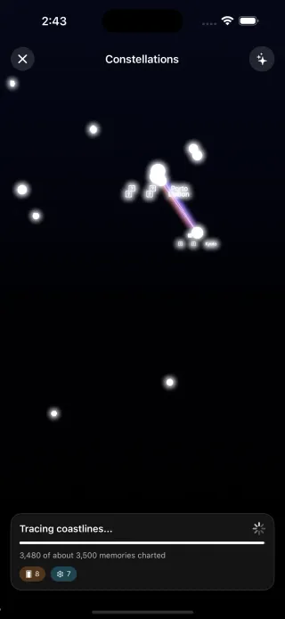 Mapsake Constellations showing connected travel memories in a night sky