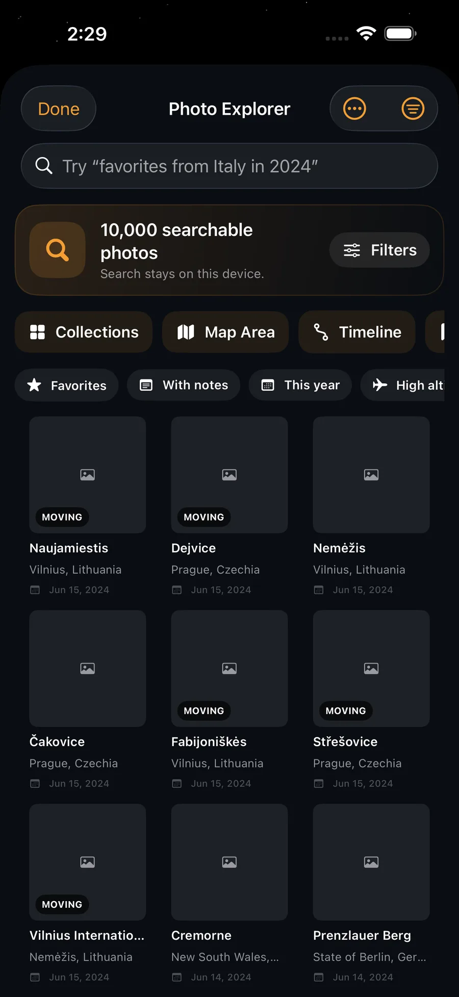 Mapsake Photo Explorer showing travel photos organized by place and date