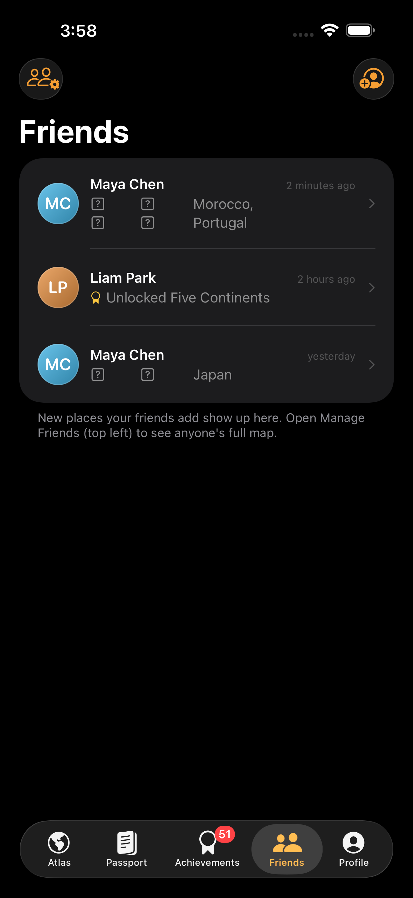 The Friends feed of new places and unlocked achievements