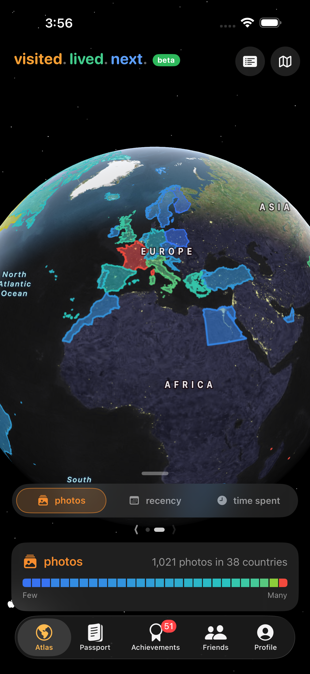 The map shaded into a heatmap by how many photos were taken in each country